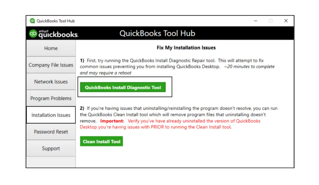 QuickBooks Tool Hub Installation Issues tab - Screenshot