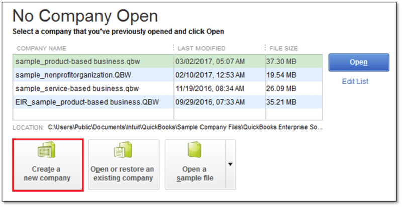 No Company Open window listing QuickBooks company files with .qbw extensions and their location - Screenshot