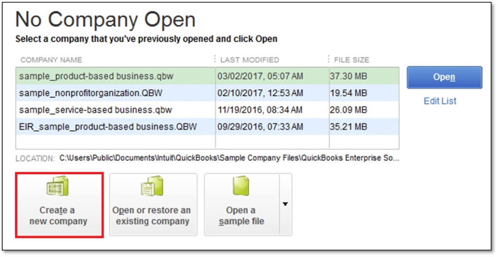 Create a new company file folder - Screenshot