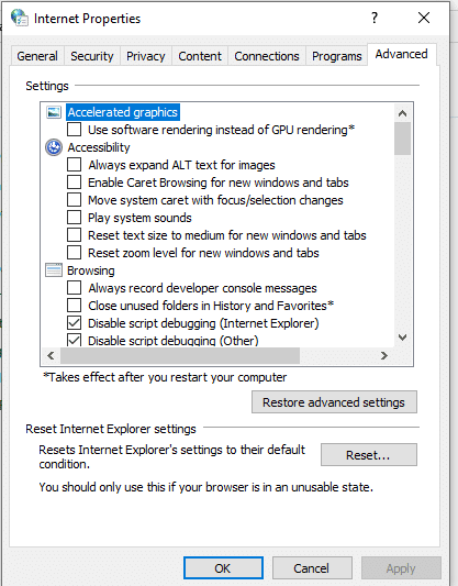 Do changes to the Internet Options - Screenshot