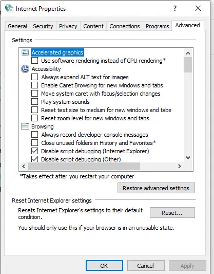 Do changes to the Internet Options - Screenshot