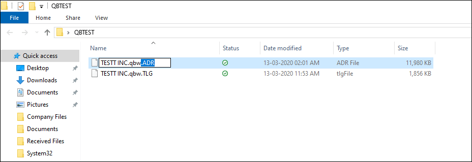 QBTest folder in QUickBooks - Screenshot