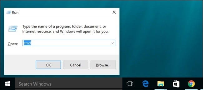 Type CMD in Run box - Screenshot