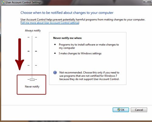 Change user access control settings and Set it to never to notify - Screenshot
