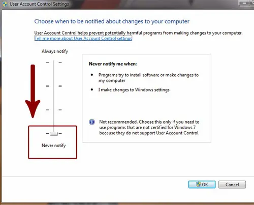 Change user access control settings and Set it to never to notify - Screenshot