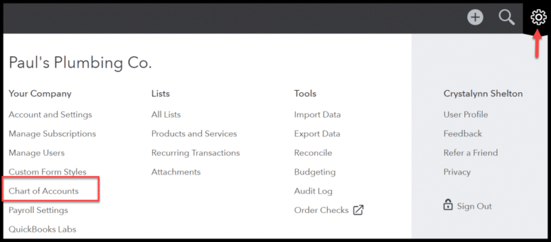 Charts of Accounts Command - Screenshot