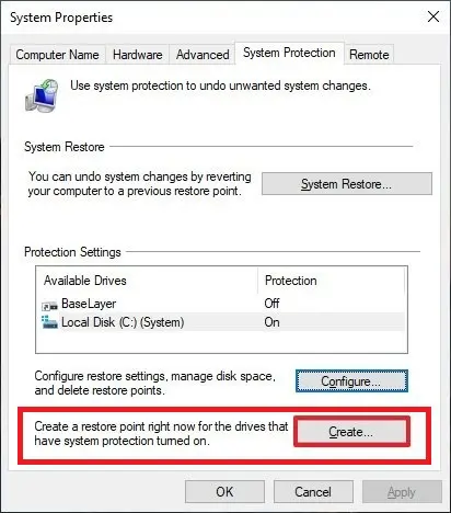 Create restore point Windows-10 - Screenshot