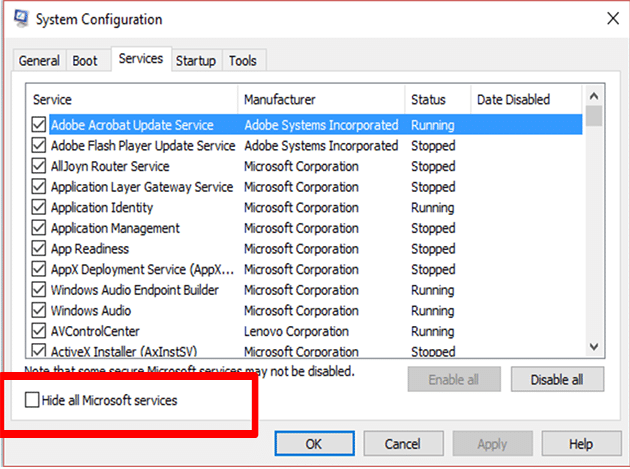 Hide all Microsoft services - Screenshot