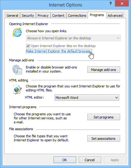 Internet Explorer as the default browser - Screenshot