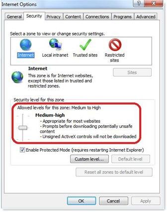 Medium High Settings in Internet Options - Screenshot
