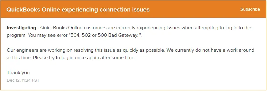 QuickBooks 502 Bad Gateway Error - Screenshot
