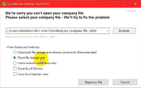 QuickBooks File Doctor Check Damage File - Screenshot image