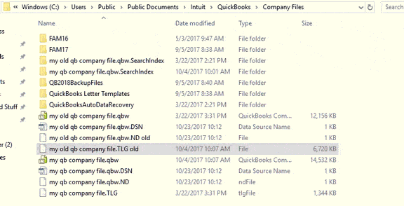 Company file folder showing .ND and .TLG files renamed with .OLD added - Screenshot