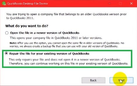 Repair the Company-File - Screenshot