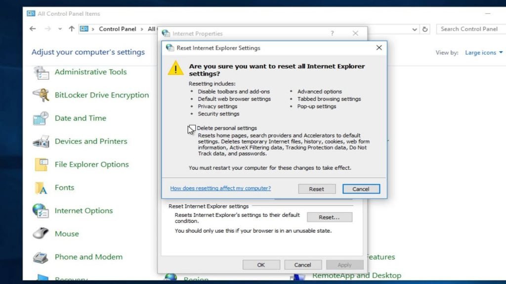Reset the Internet explorer settings - Screenshot
