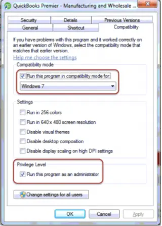 Run QuickBooks in the compatibility mode - Screenshot