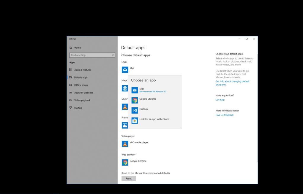 Setting up Microsoft Outlook as the default mail app - Screenshot