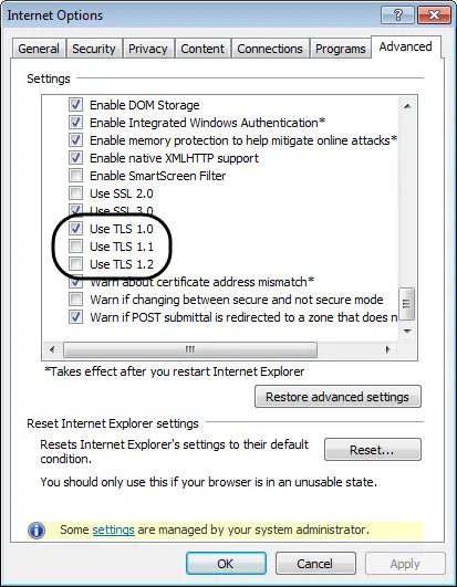 Verify TLS 1.0 Settings - Screenshot