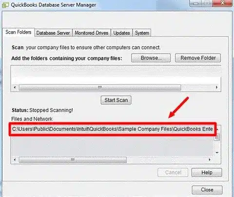 QuickBooks Database Server Manager Scan tab showing scanned company files and folder management options