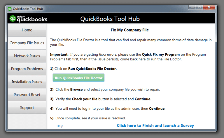 QuickBooks Tool Hub with Company File Issues tab and Run QuickBooks File Doctor button - Screenshot