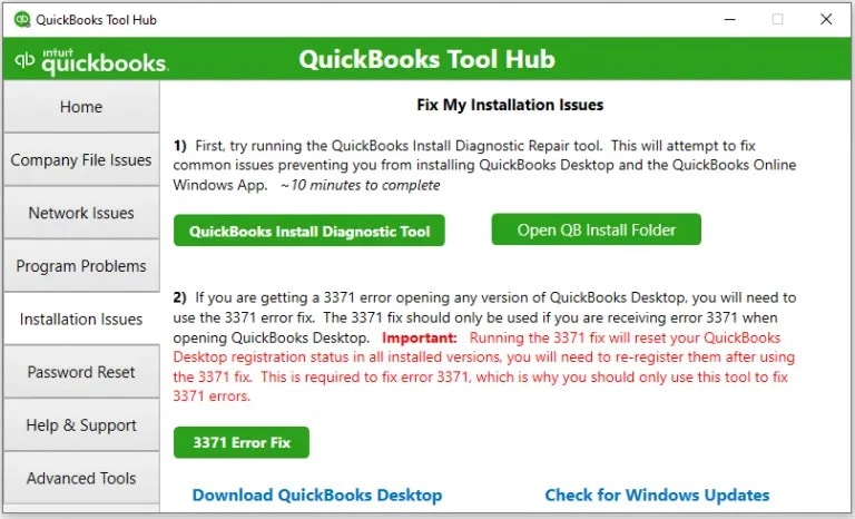 Choose Installation Issues tab in QuickBooks Tool Hub - Screenshot