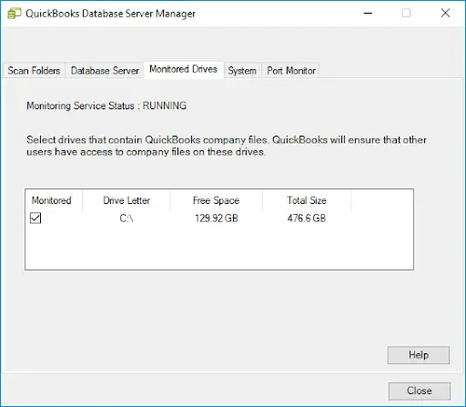QuickBooks Database Server Manager Monitored Drives tab showing drives selected for monitoring company files
