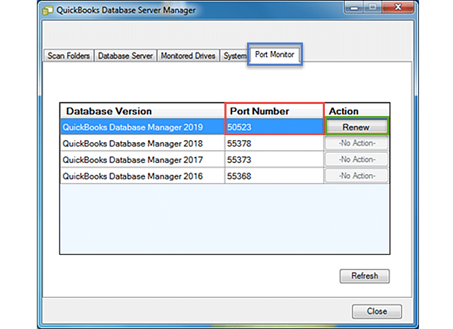 QuickBooks Database Server Manager Port monitor tab - Screenshot