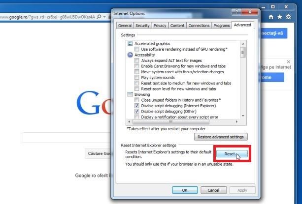 Reset settings of the internet explorer - Screenshot