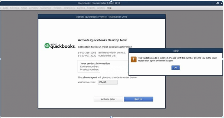 QuickBooks Validation Code Error Screenshot The Validation Code is Incorrect Message - Screenshot