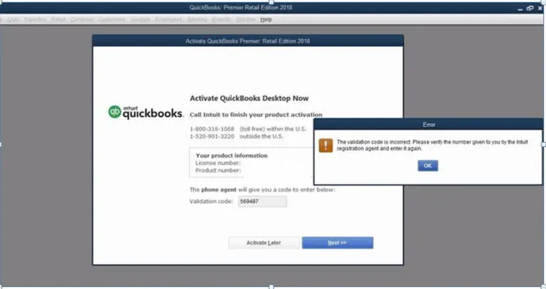 QuickBooks Validation Code Error Screenshot The Validation Code is Incorrect Message - Screenshot