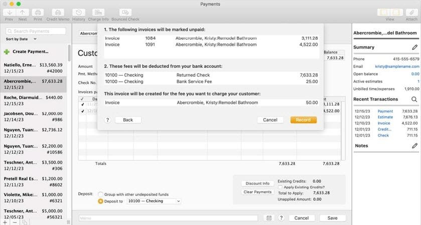 Bounced check processing - Screenshot
