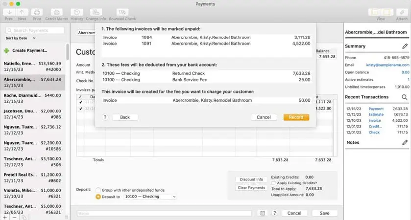 Bounced check processing - Screenshot