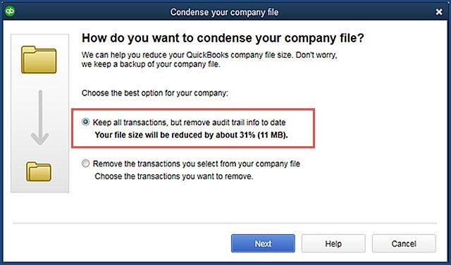 Condense the company file size in QuickBooks - Screenshot