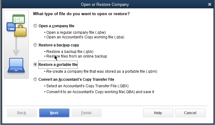 Create a portable company file (.qbm) to restore your company file - Screenshot