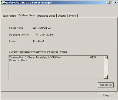 QuickBooks Database Server Manager Database Server tab showing real-time status and connection details