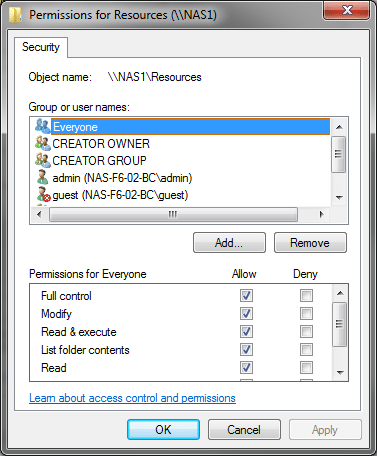 Edit the permissions for the everyone group folders - Screenshot