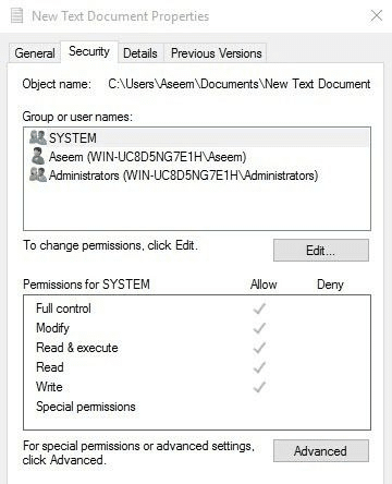 Edit the permissions for the system user - Screenshot