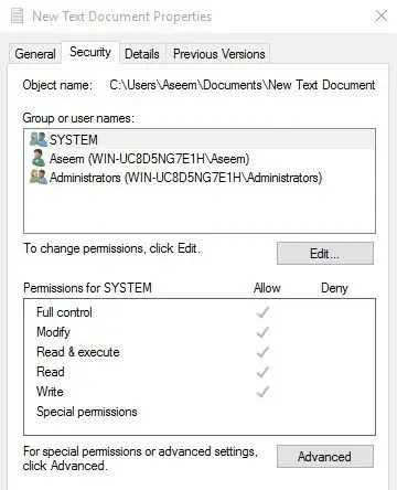 Edit the permissions for the system user - Screenshot