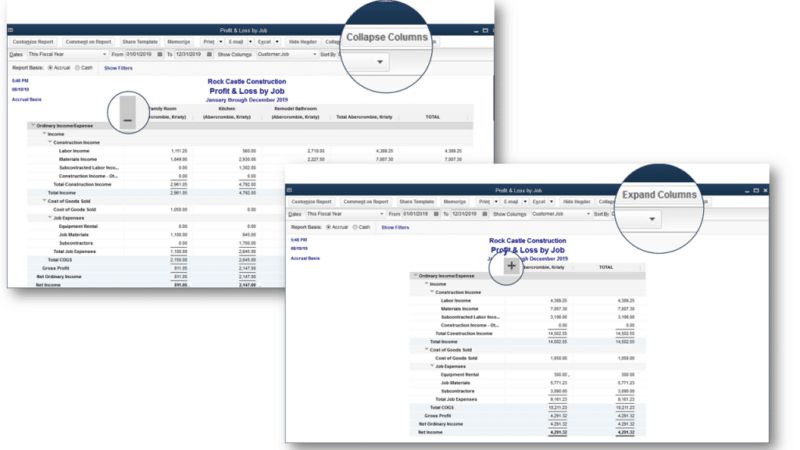 Horizontally collapse columns in job or class reports - Screenshot