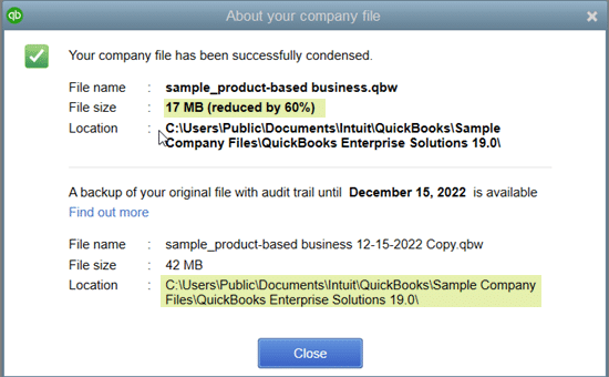 QuickBooks condense repair- screenshot