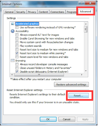 Reset or Restore defaults in IE - Screenshot
