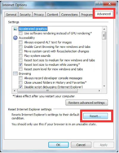 Reset or Restore defaults in IE - Screenshot