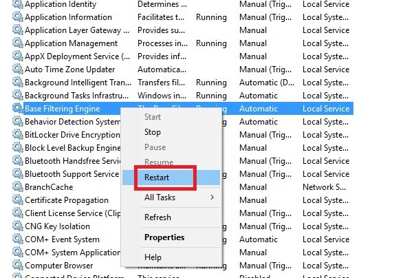 Restart base filtering engine service - Screenshot