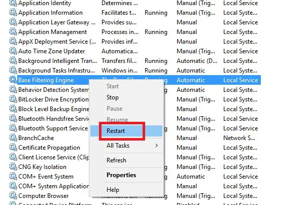 Restart base filtering engine service - Screenshot