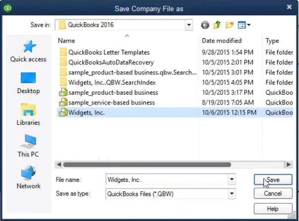 Save Company File as dialog showing QuickBooks files and Save as type QuickBooks Files (*.QBW) - Screenshot