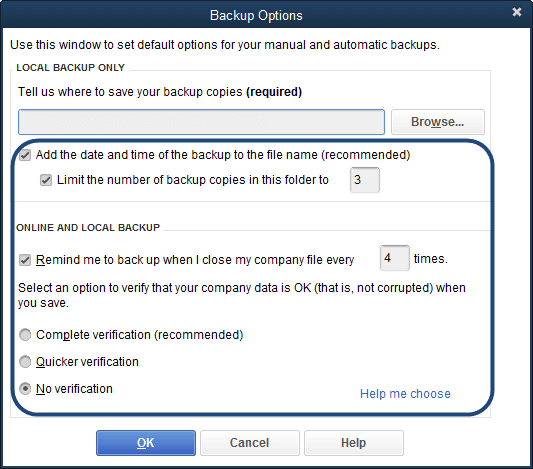 Setting up QuickBooks Backup Reminders - Screenshot