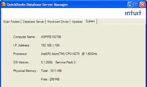 QuickBooks Database Server Manager System tab showing installation location and system details