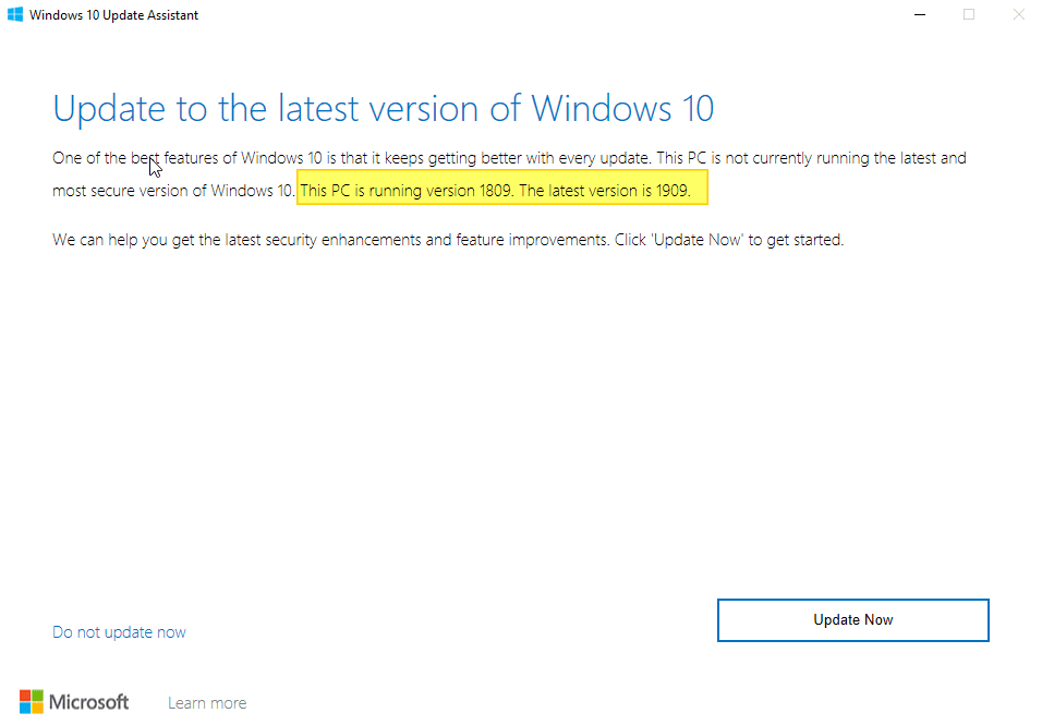 Update Now button in Windows 10 - Screenshot Image