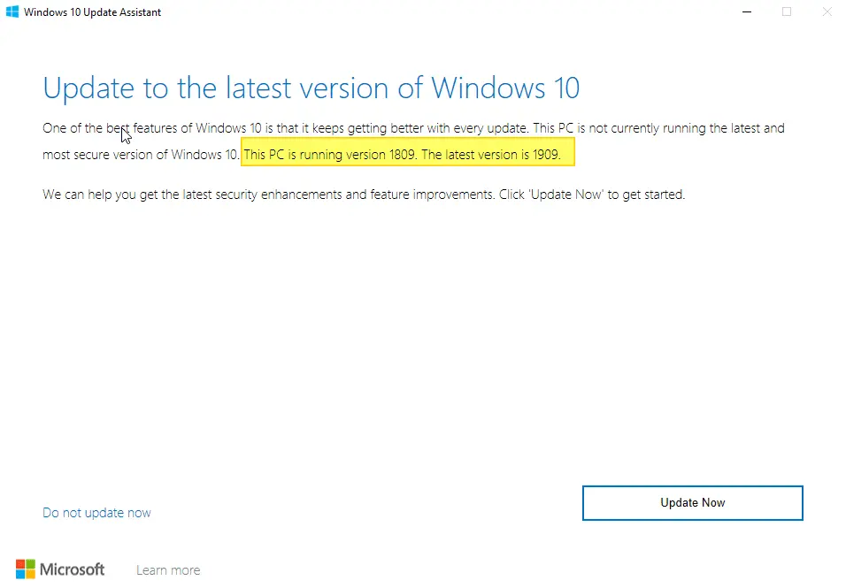 Update Now button in Windows 10 - Screenshot Image