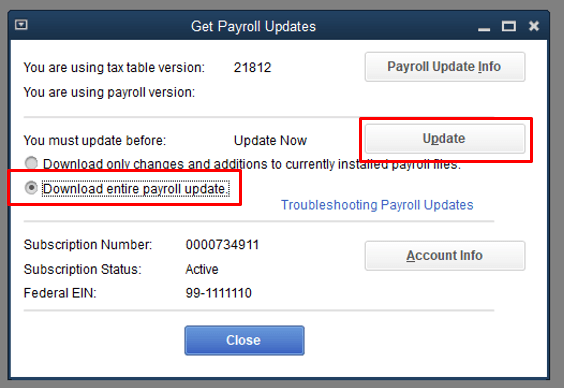 Get Payroll Updates window showing tax table version and Payroll Update Info button - Screenshot